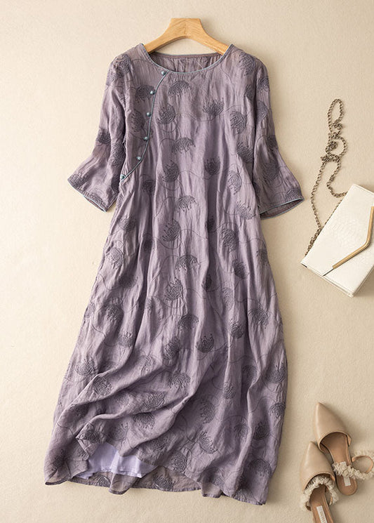 Vintage Purple O-Neck Embroideried Patchwork Linen Dress Summer Ada Fashion