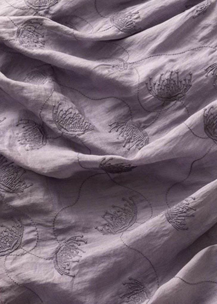 Vintage Purple O-Neck Embroideried Patchwork Linen Dress Summer Ada Fashion