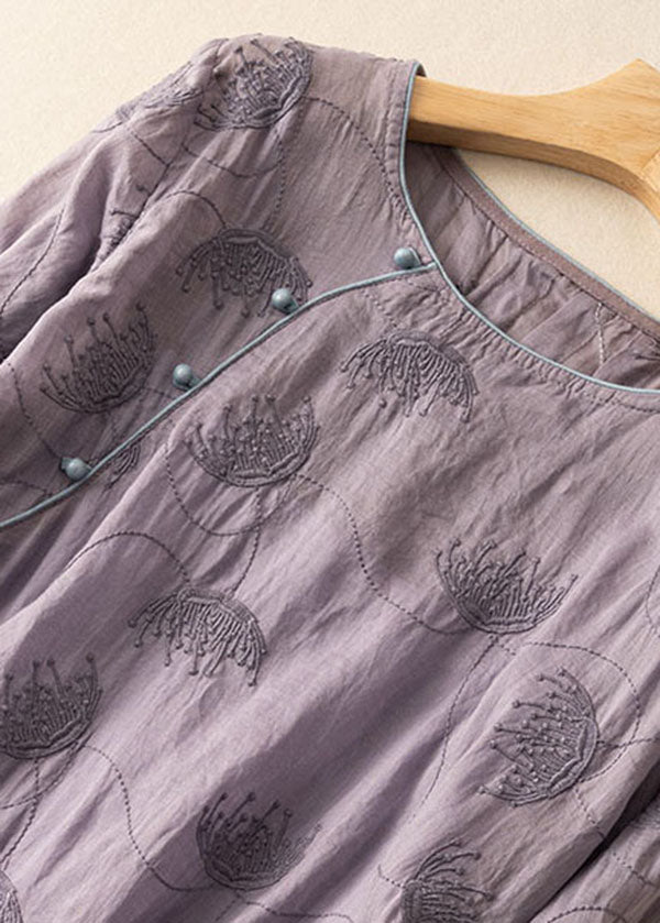 Vintage Purple O-Neck Embroideried Patchwork Linen Dress Summer Ada Fashion