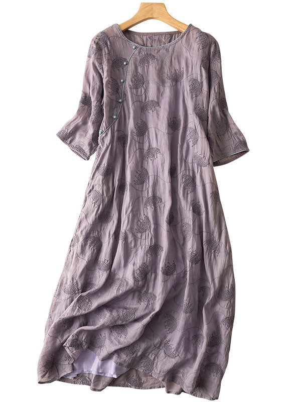 Vintage Purple O-Neck Embroideried Patchwork Linen Dress Summer Ada Fashion