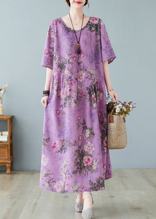 Vintage Purple O-Neck Print Maxi Dress Summer LY4434 - fabuloryshop
