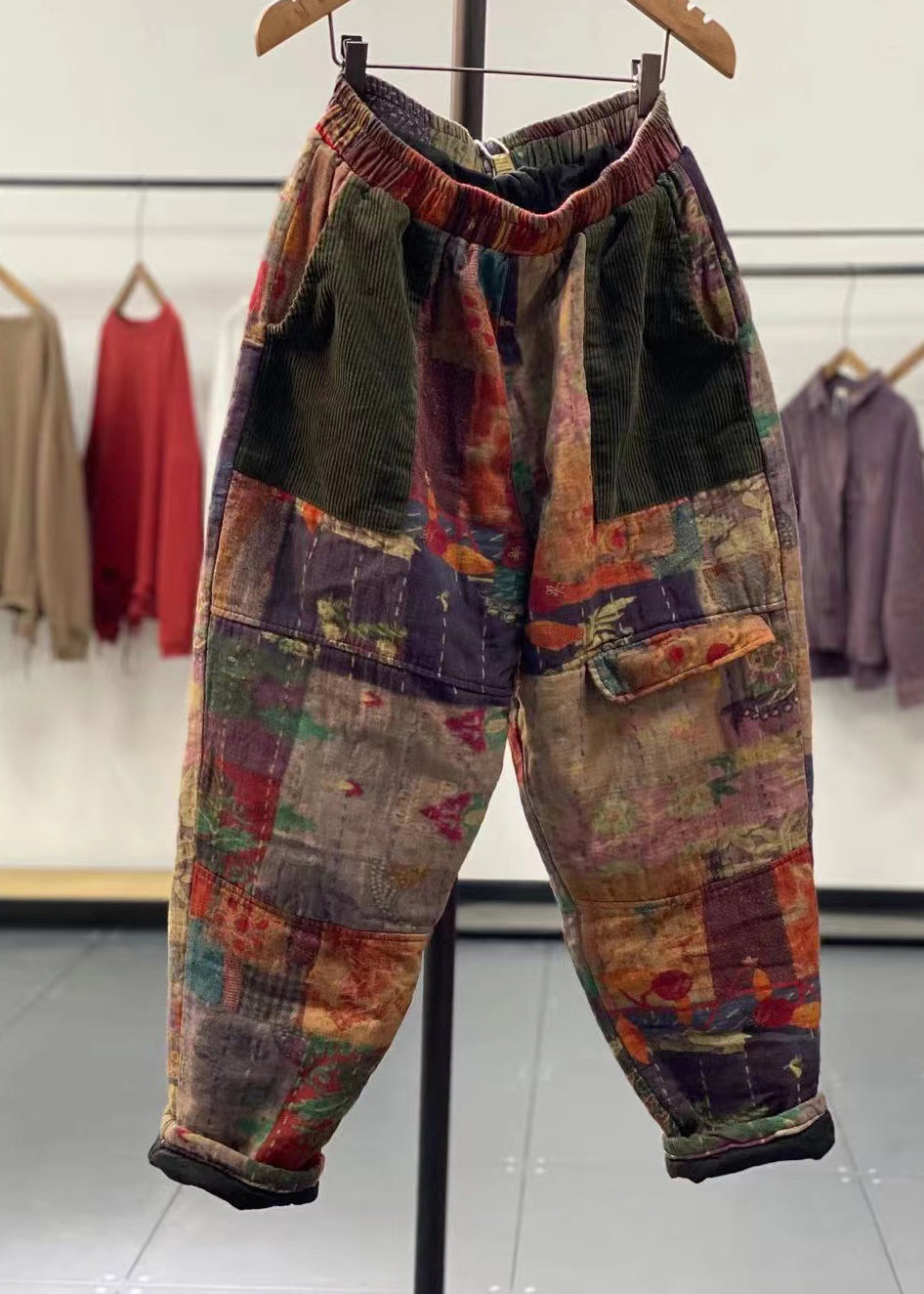 Vintage Purple Pockets Patchwork Fine Cotton Filled Pants Fall Ada Fashion