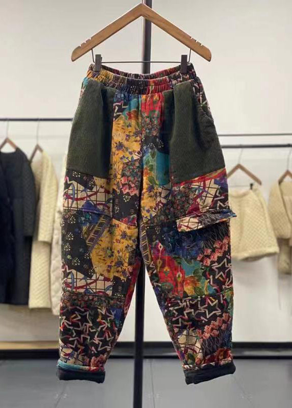 Vintage Purple Pockets Patchwork Fine Cotton Filled Pants Fall Ada Fashion