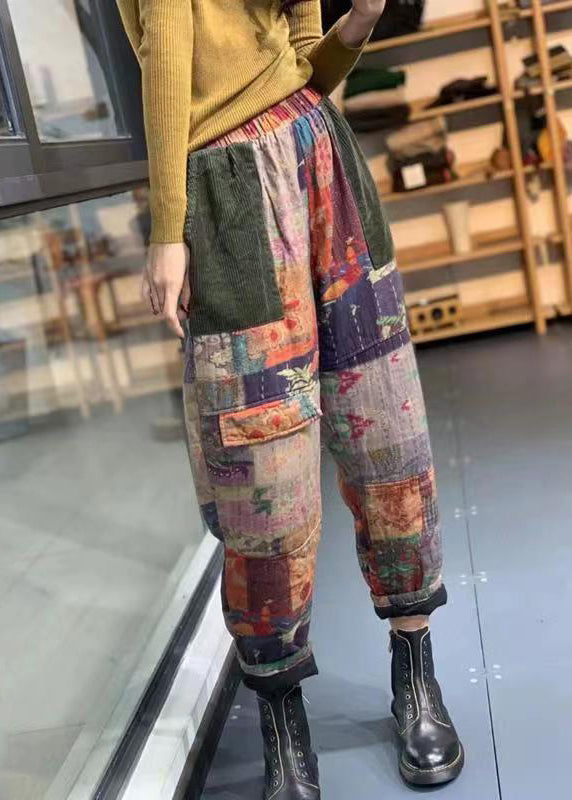 Vintage Purple Pockets Patchwork Fine Cotton Filled Pants Fall Ada Fashion