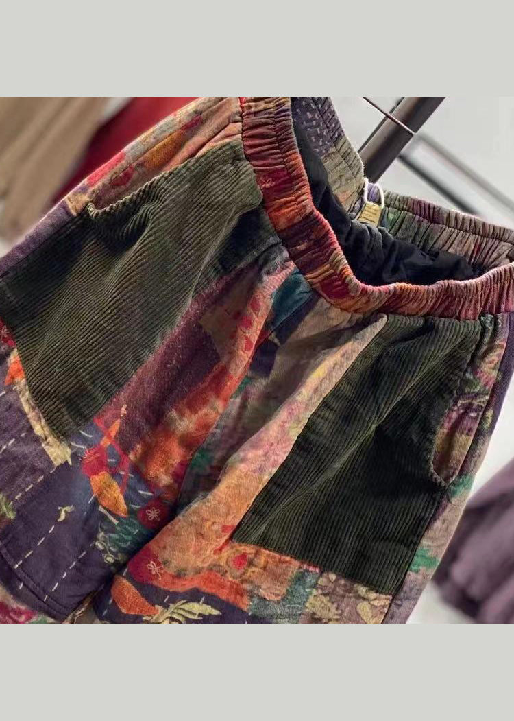 Vintage Purple Pockets Patchwork Fine Cotton Filled Pants Fall Ada Fashion