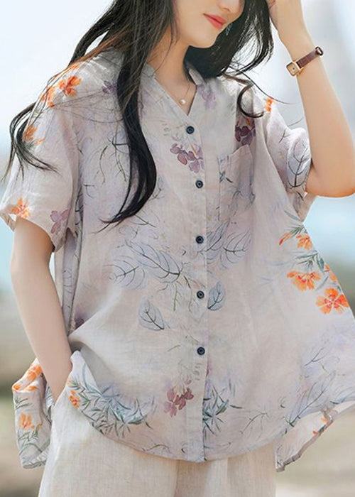 Vintage Purple Print Button Patchwork Linen Blouse Tops Summer Ada Fashion