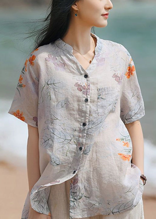 Vintage Purple Print Button Patchwork Linen Blouse Tops Summer Ada Fashion