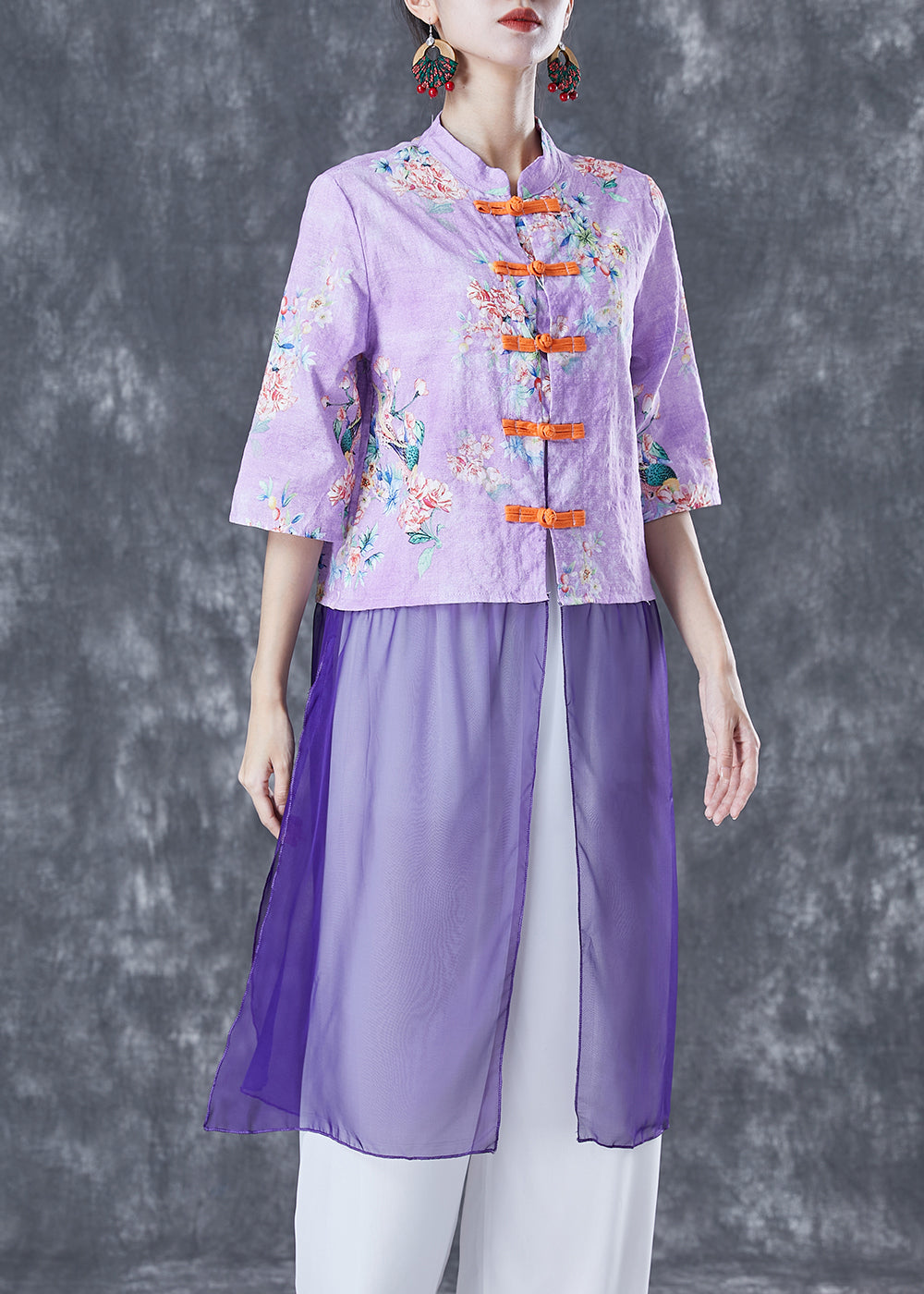 Vintage Purple Print Patchwork Chinese Button Linen Top Half Sleeve LY5016 - fabuloryshop
