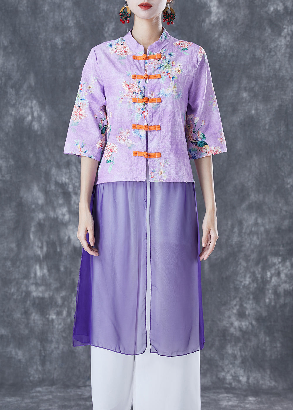 Vintage Purple Print Patchwork Chinese Button Linen Top Half Sleeve LY5016 - fabuloryshop