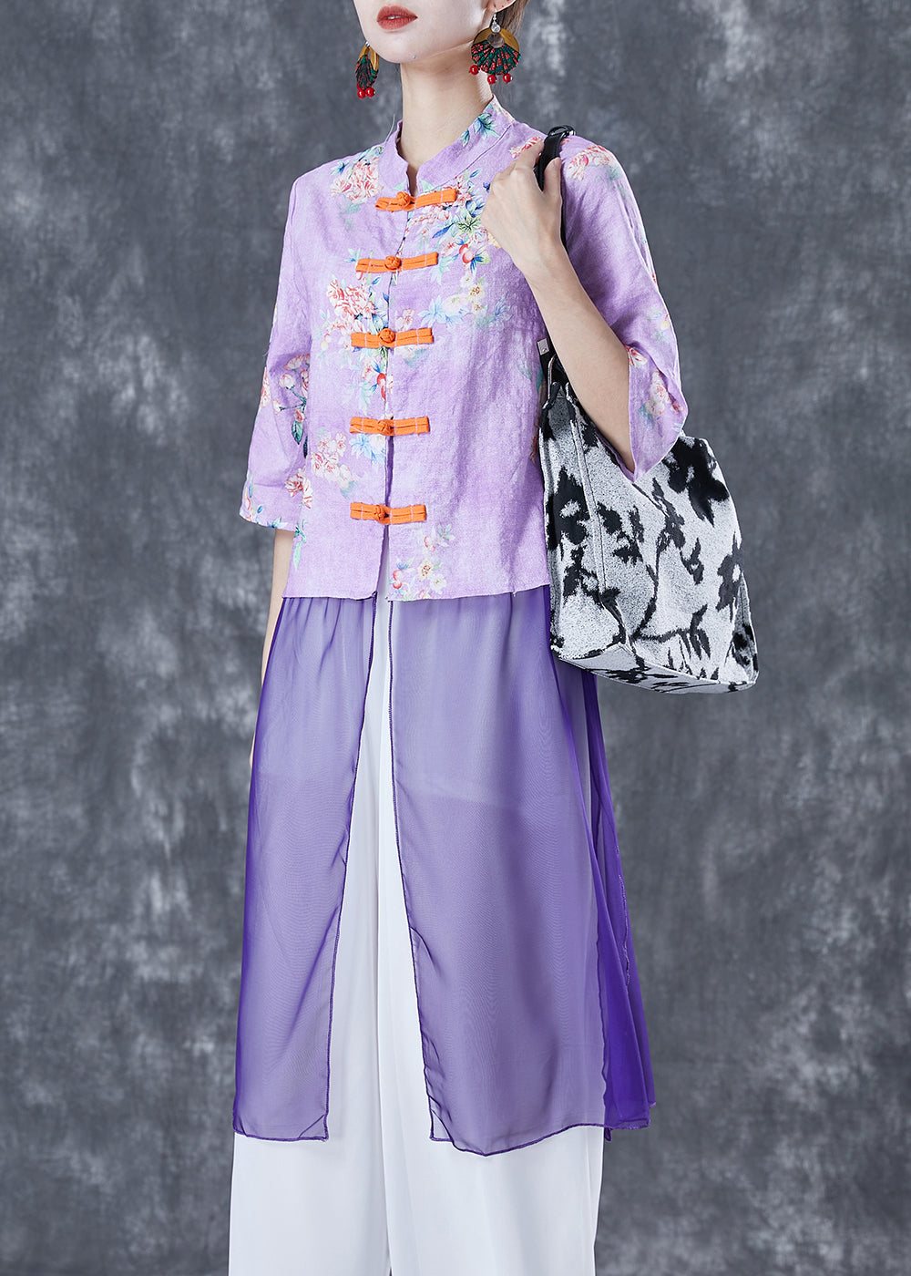 Vintage Purple Print Patchwork Chinese Button Linen Top Half Sleeve LY5016 - fabuloryshop