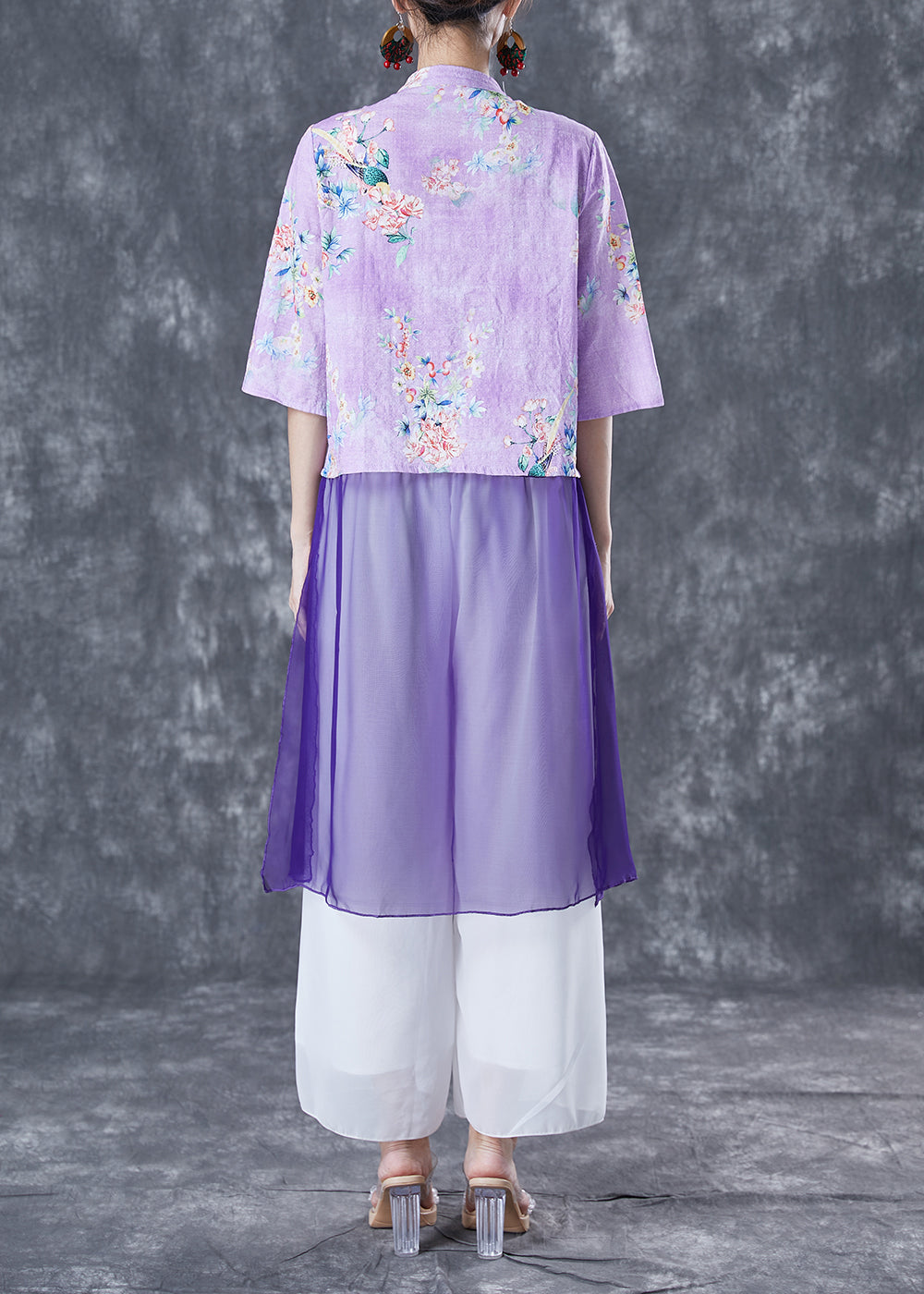 Vintage Purple Print Patchwork Chinese Button Linen Top Half Sleeve LY5016 - fabuloryshop