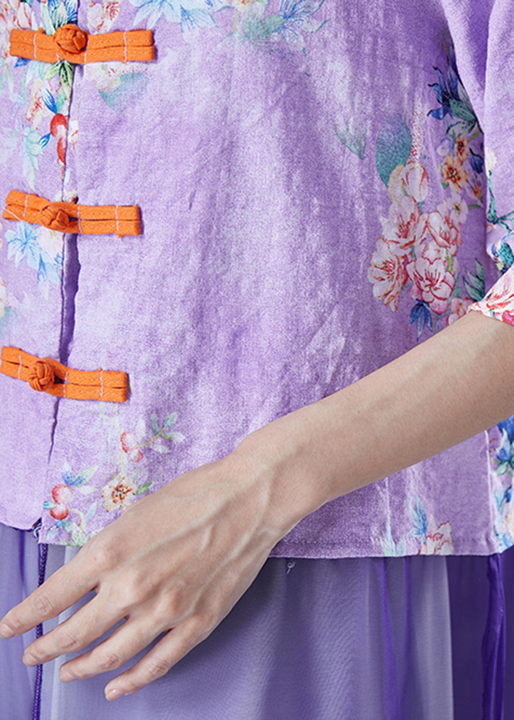 Vintage Purple Print Patchwork Chinese Button Linen Top Half Sleeve LY5016 - fabuloryshop