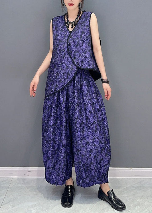 Vintage Purple Sleeveless Vest Tops And Pants Cotton Two Piece Set Women Clothing LC0354 - fabuloryshop
