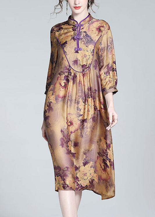 Vintage Purple Stand Collar Print Button Long Dress Spring LY1054 - fabuloryshop