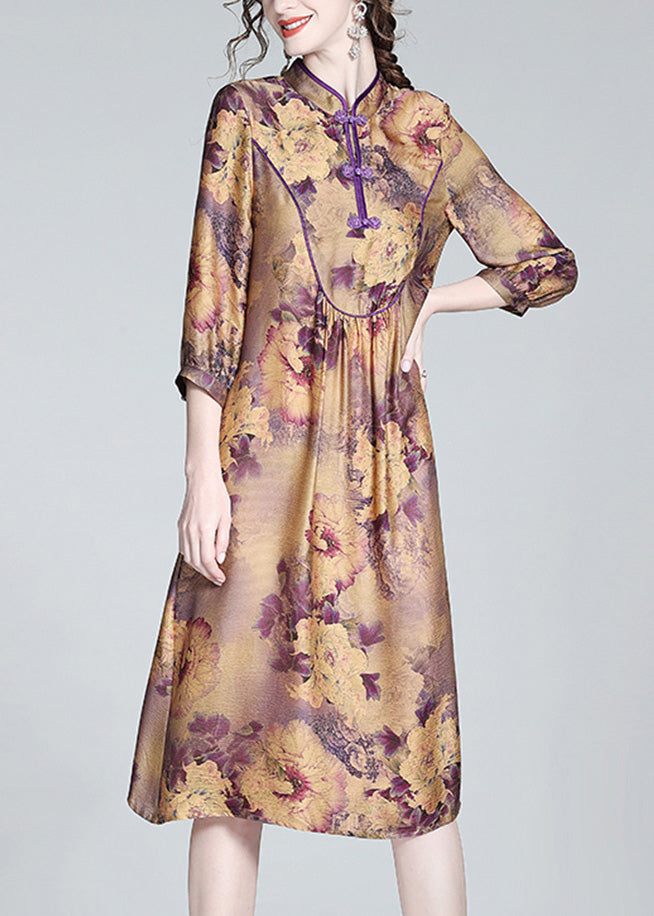 Vintage Purple Stand Collar Print Button Long Dress Spring LY1054 - fabuloryshop
