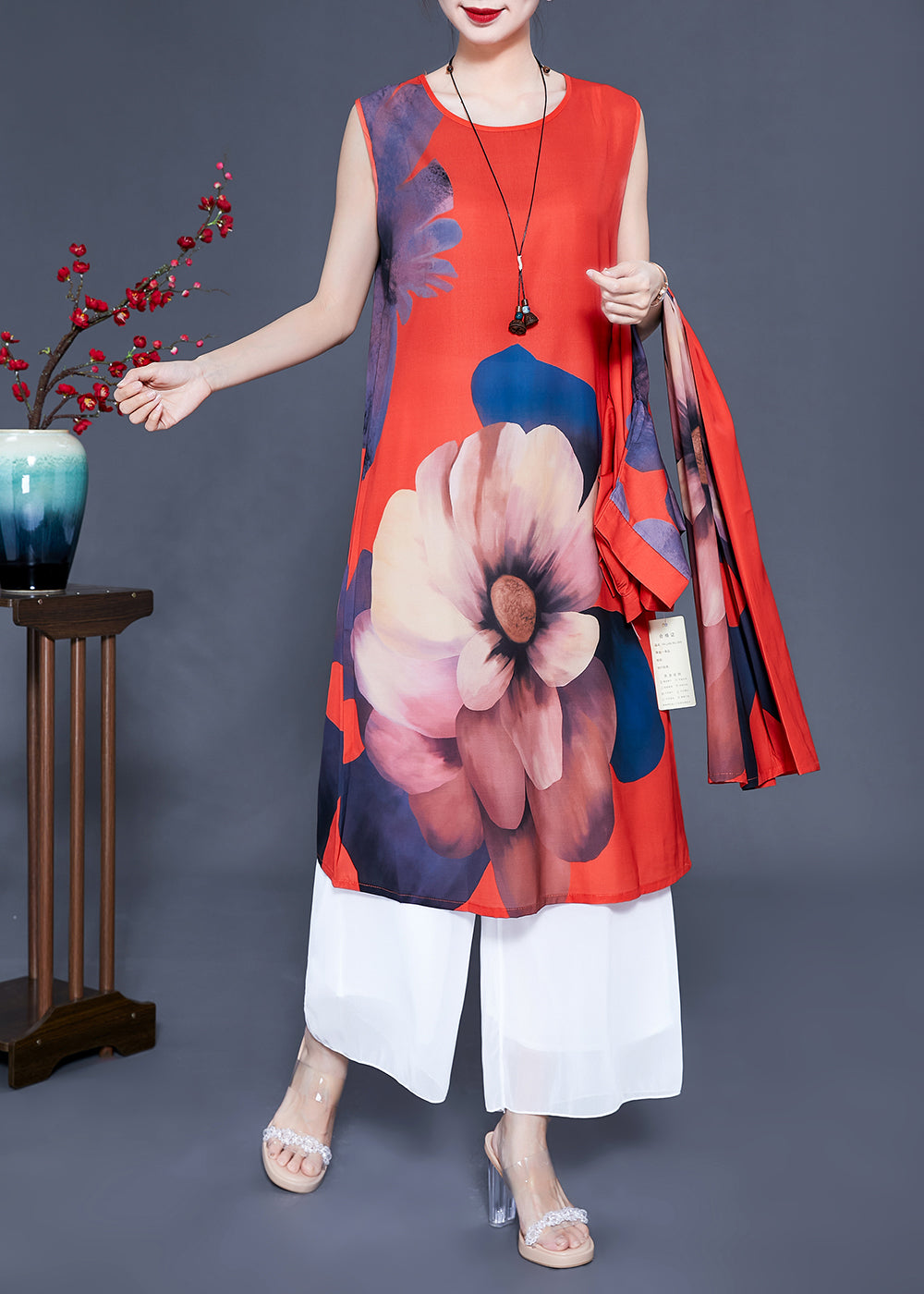 Vintage Red Chinese Button Floral Print Silk Two Pieces Set Summer LY0936 - fabuloryshop