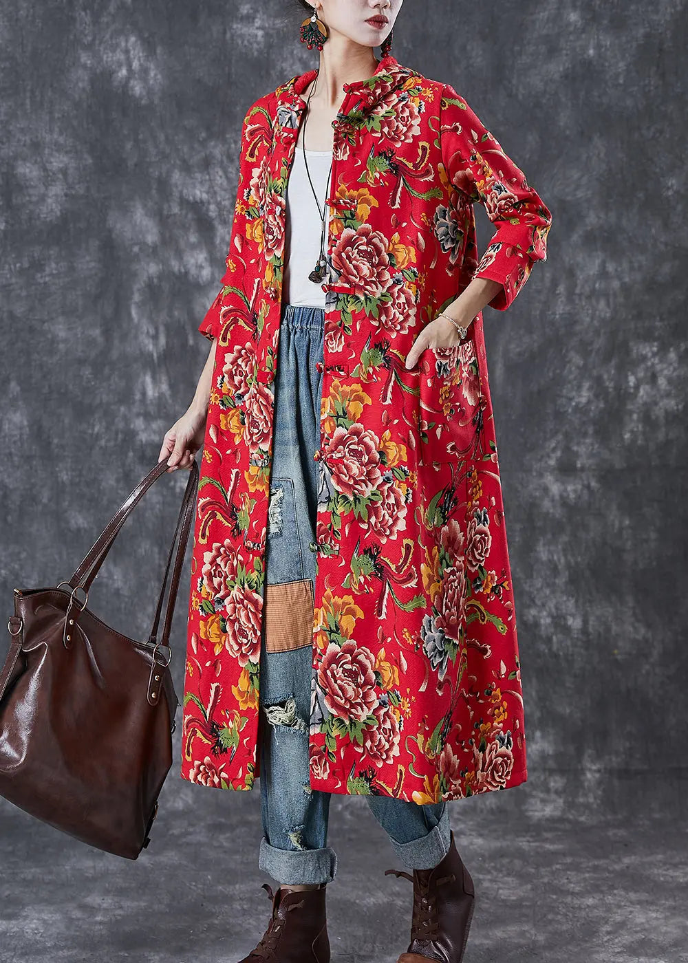 Vintage Red Hooded Print Warm Fleece Trench Coat Winter Ada Fashion