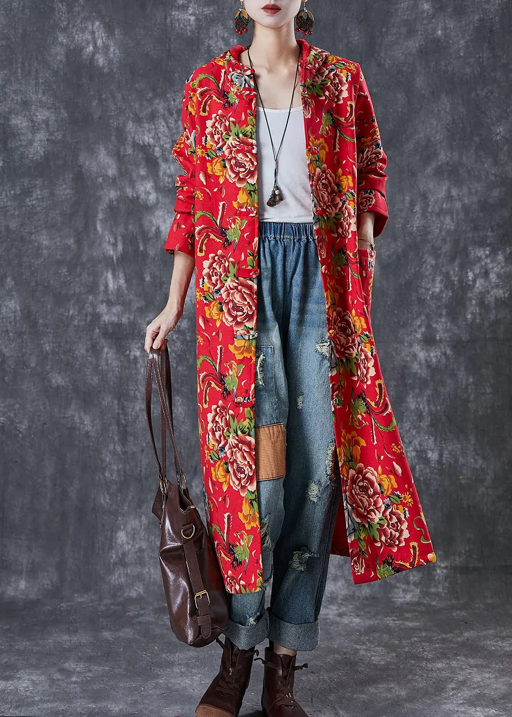 Vintage Red Hooded Print Warm Fleece Trench Coat Winter Ada Fashion