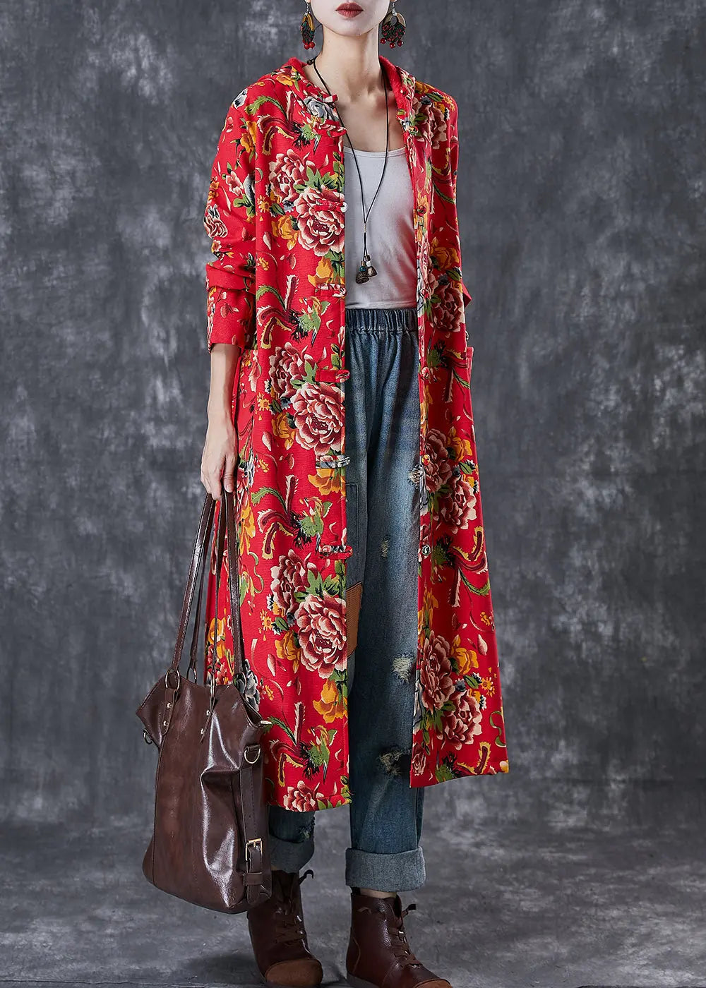 Vintage Red Hooded Print Warm Fleece Trench Coat Winter Ada Fashion