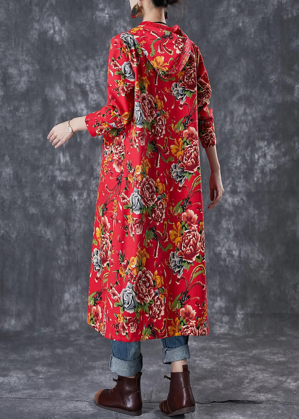 Vintage Red Hooded Print Warm Fleece Trench Coat Winter Ada Fashion