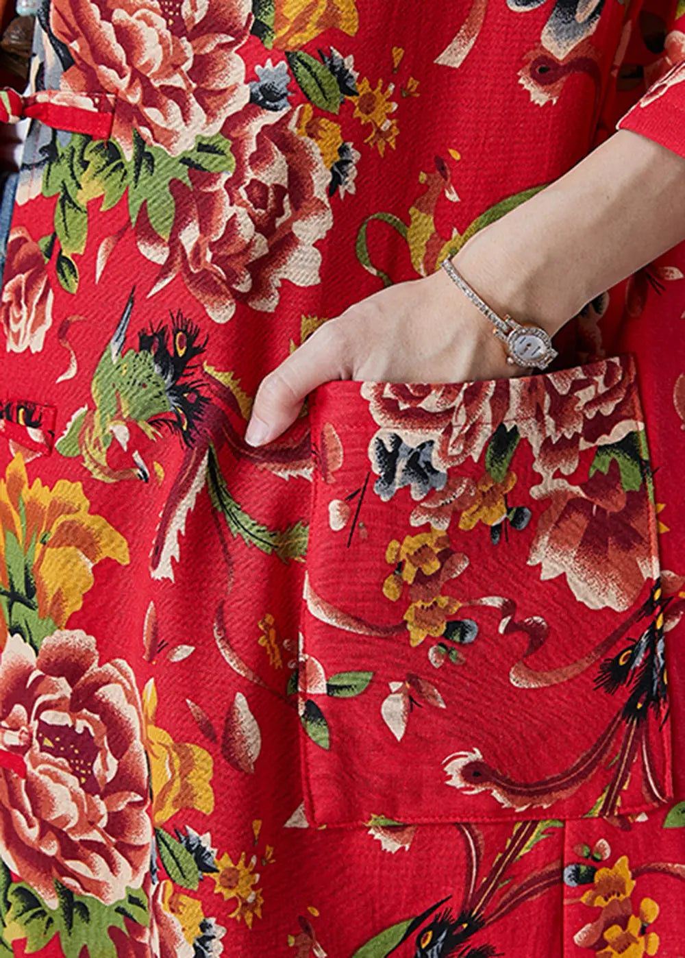 Vintage Red Hooded Print Warm Fleece Trench Coat Winter Ada Fashion