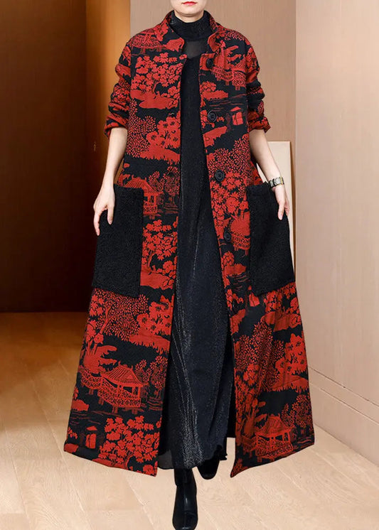 Vintage Red Jacquard Pockets Fine Cotton Filled Coat Winter Ada Fashion
