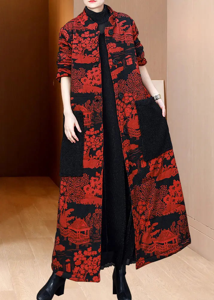 Vintage Red Jacquard Pockets Fine Cotton Filled Coat Winter Ada Fashion