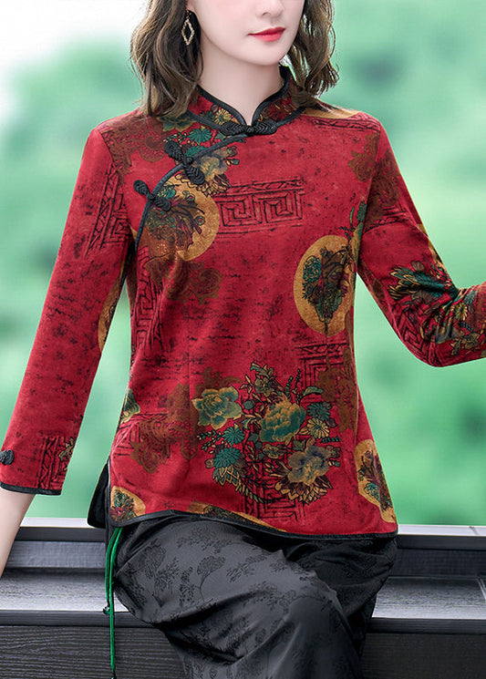 Vintage Red Mandarin Collar Chinese Button Print Silk Shirt Top Bracelet Sleeve LY0417 - fabuloryshop
