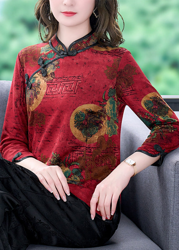 Vintage Red Mandarin Collar Chinese Button Print Silk Shirt Top Bracelet Sleeve LY0417 - fabuloryshop