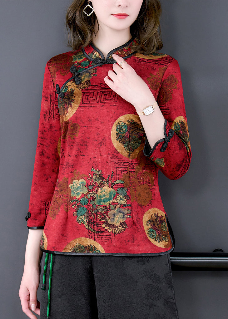 Vintage Red Mandarin Collar Chinese Button Print Silk Shirt Top Bracelet Sleeve LY0417 - fabuloryshop