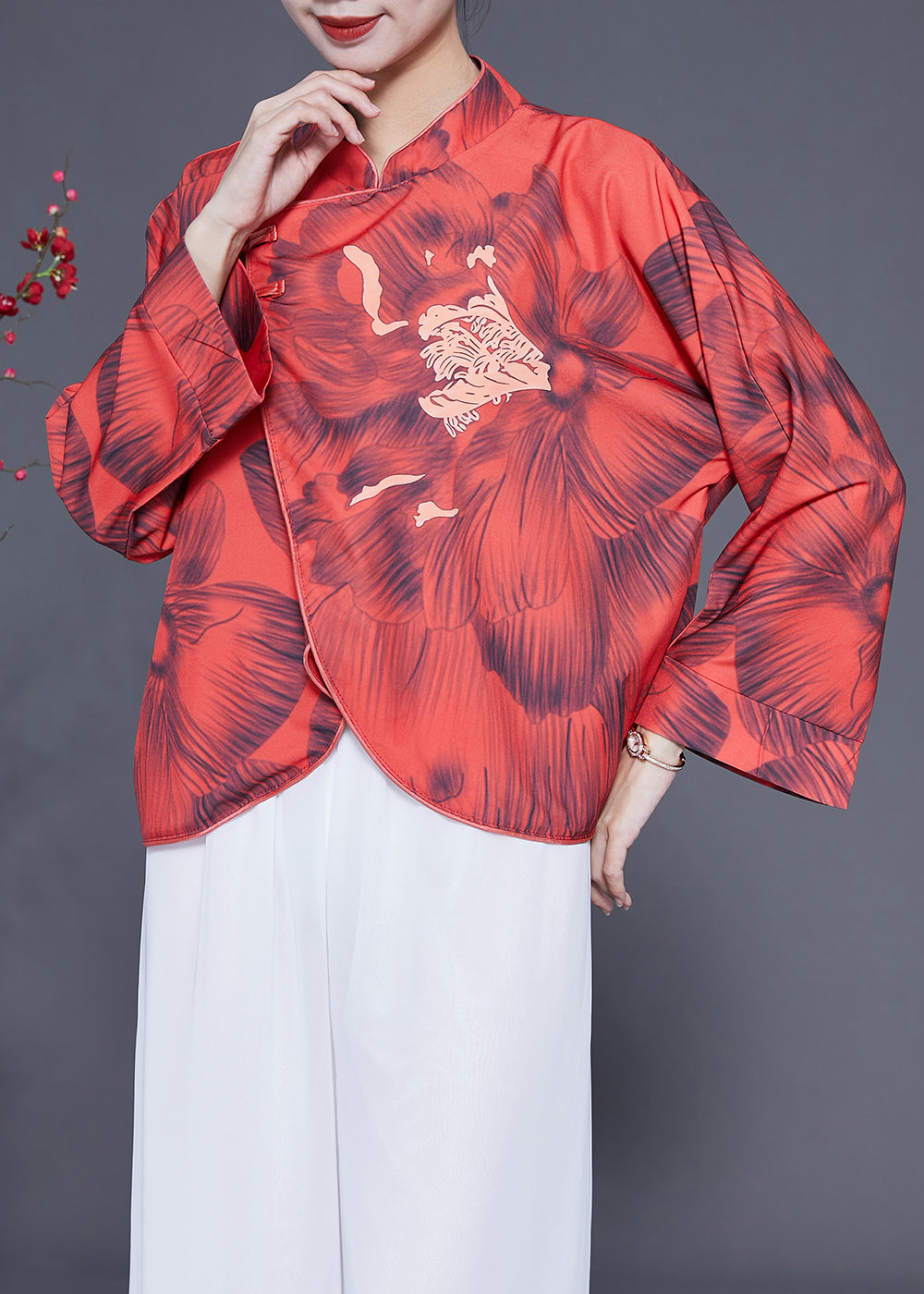 Vintage Red Mandarin Collar Print Chinese Button Silk Jacket Spring LY1827 - fabuloryshop