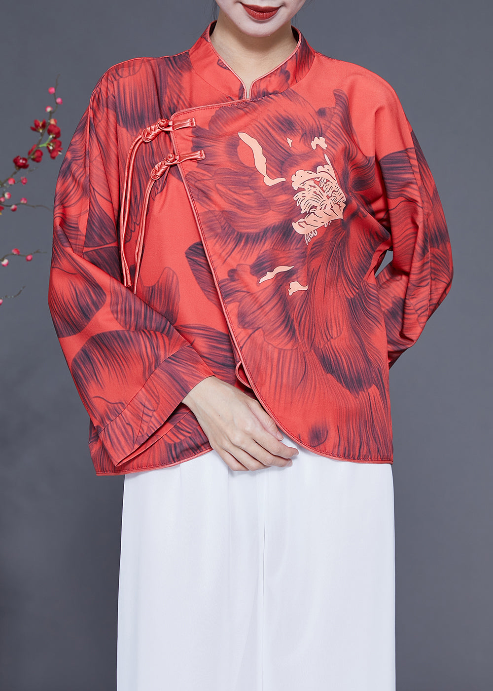 Vintage Red Mandarin Collar Print Chinese Button Silk Jacket Spring LY1827 - fabuloryshop