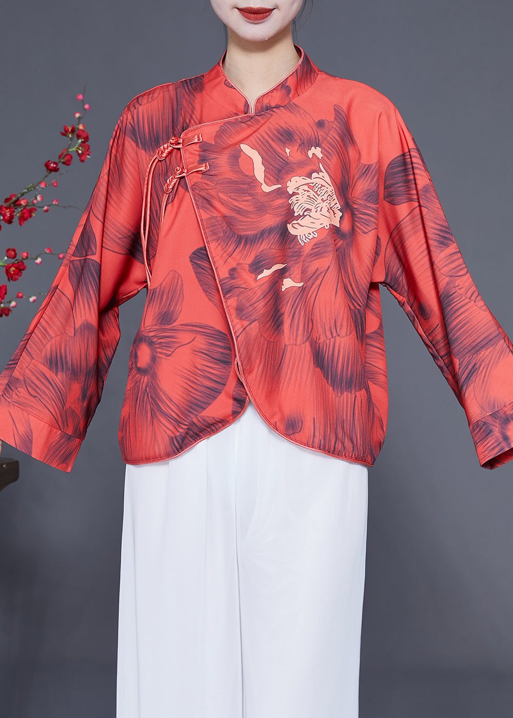 Vintage Red Mandarin Collar Print Chinese Button Silk Jacket Spring LY1827 - fabuloryshop