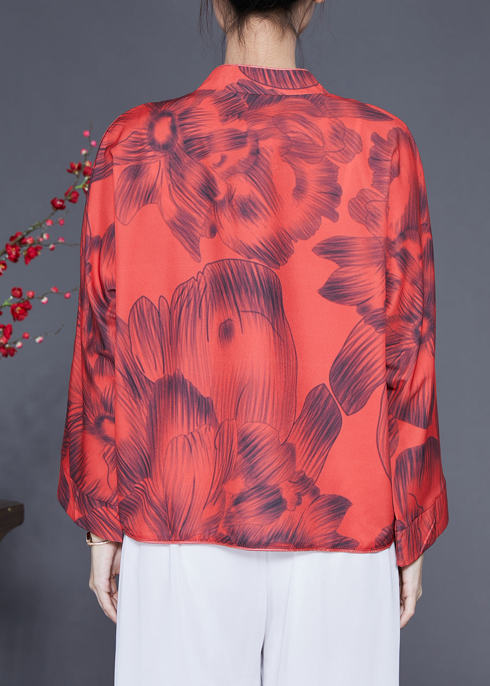 Vintage Red Mandarin Collar Print Chinese Button Silk Jacket Spring LY1827 - fabuloryshop