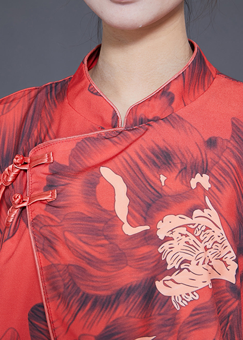 Vintage Red Mandarin Collar Print Chinese Button Silk Jacket Spring LY1827 - fabuloryshop