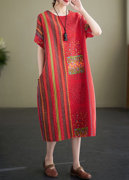 Vintage Red O Neck Print Patchwork Linen Mid Dresses Summer LY4907 - fabuloryshop