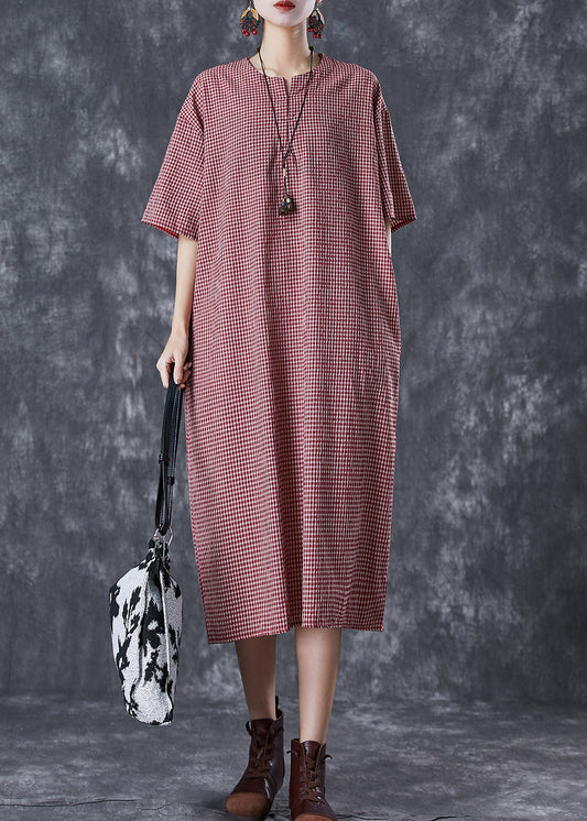 Vintage Red Oversized Plaid Linen Maxi Dress Summer LY7040 - fabuloryshop