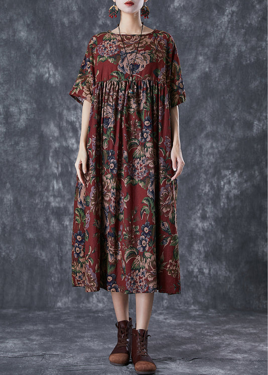 Vintage Red Oversized Print Cotton Maxi Dresses Summer LY7037 - fabuloryshop