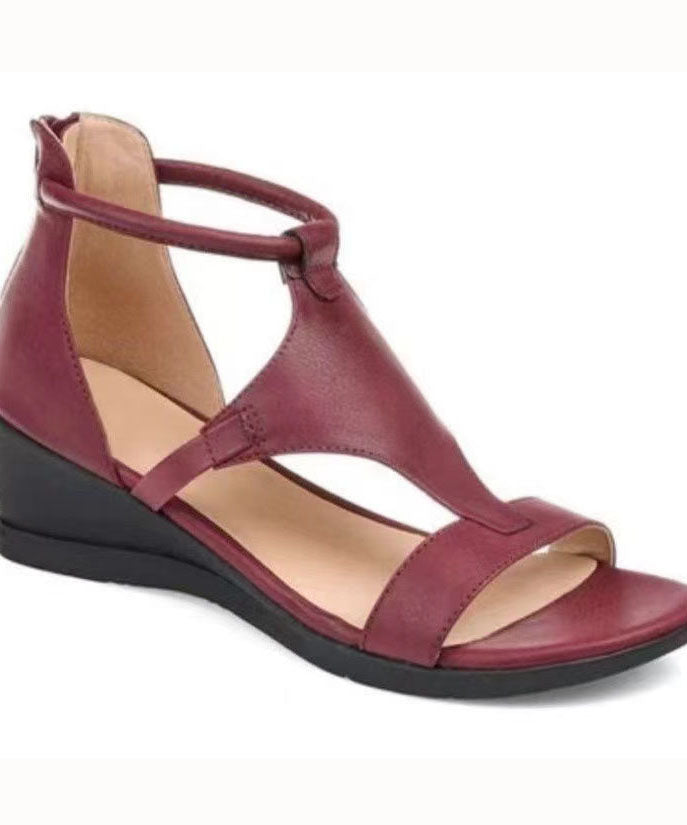 Vintage Red Peep Toe Zip Up Splicing Wedge Sandals LY2688 - fabuloryshop