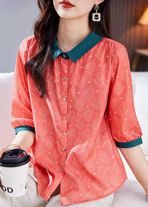 Vintage Red Peter Pan Collar Print Patchwork Linen Shirts Top Summer LY6979 Ada Fashion
