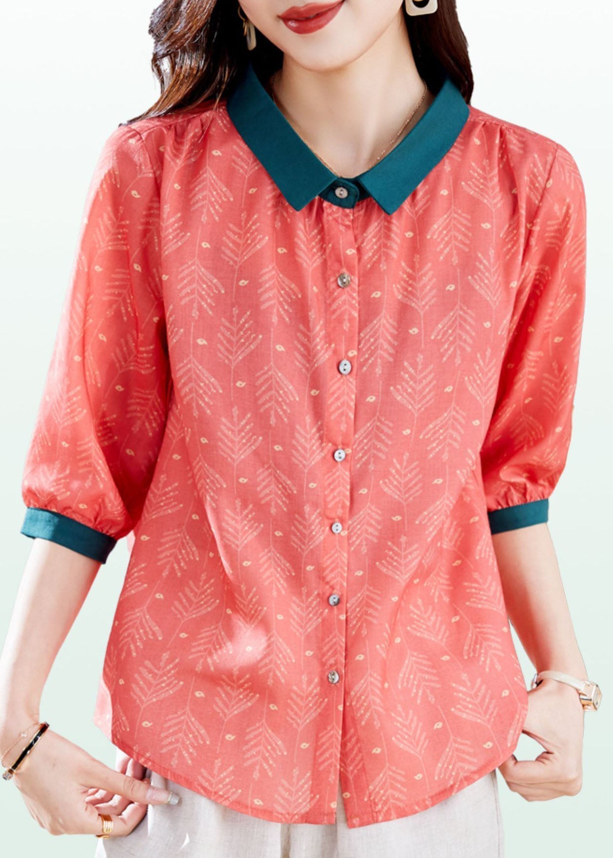 Vintage Red Peter Pan Collar Print Patchwork Linen Shirts Top Summer TP1037