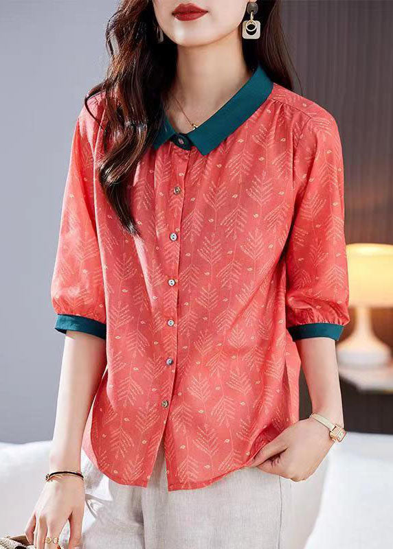Vintage Red Peter Pan Collar Print Patchwork Linen Shirts Top Summer LY6979 Ada Fashion