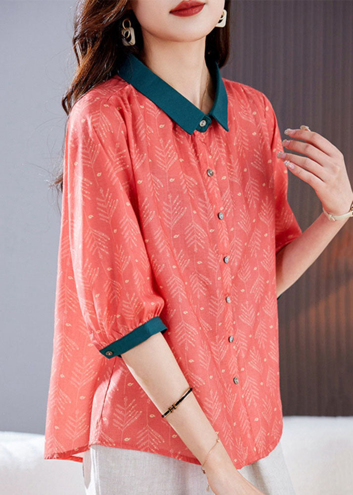 Vintage Red Peter Pan Collar Print Patchwork Linen Shirts Top Summer LY6979 Ada Fashion