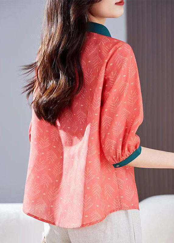 Vintage Red Peter Pan Collar Print Patchwork Linen Shirts Top Summer LY6979 Ada Fashion