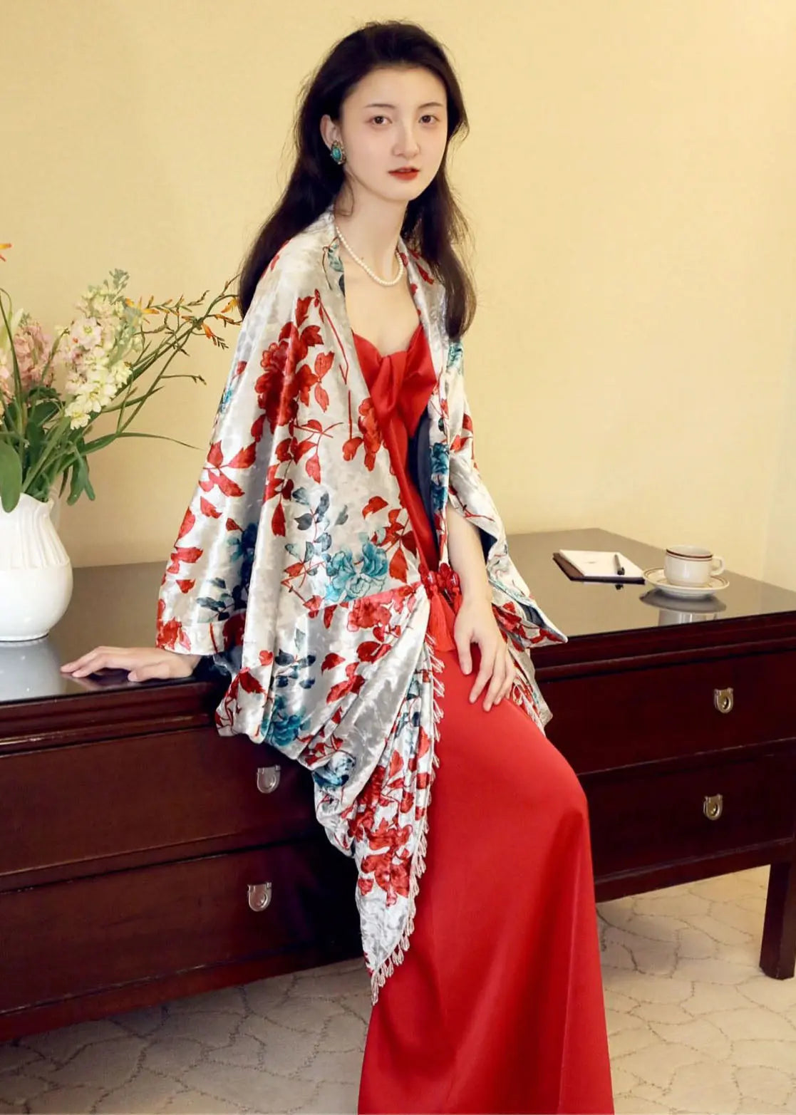 Vintage Red Print Cardigans And Slip Dress Two Pieces Set Fall Ada Fashion