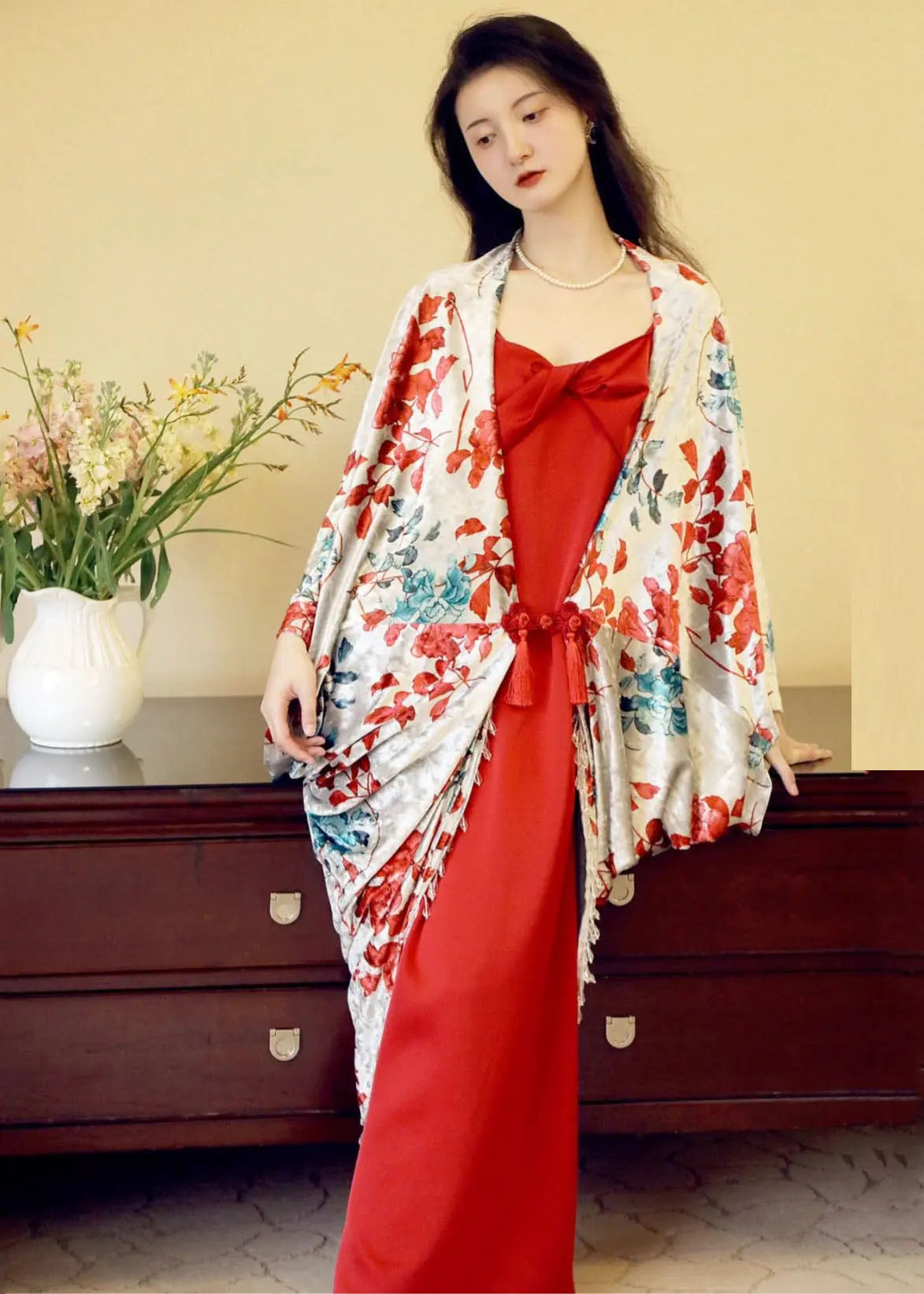 Vintage Red Print Cardigans And Slip Dress Two Pieces Set Fall Ada Fashion