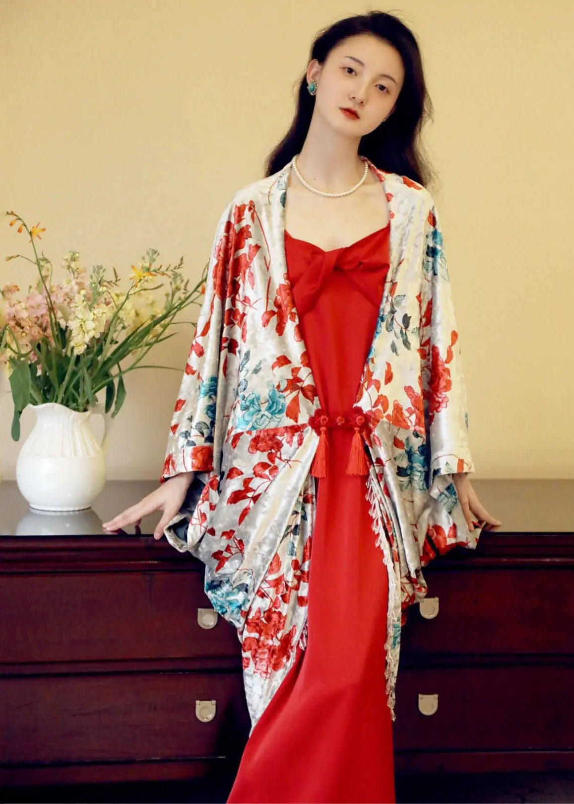 Vintage Red Print Cardigans And Slip Dress Two Pieces Set Fall Ada Fashion