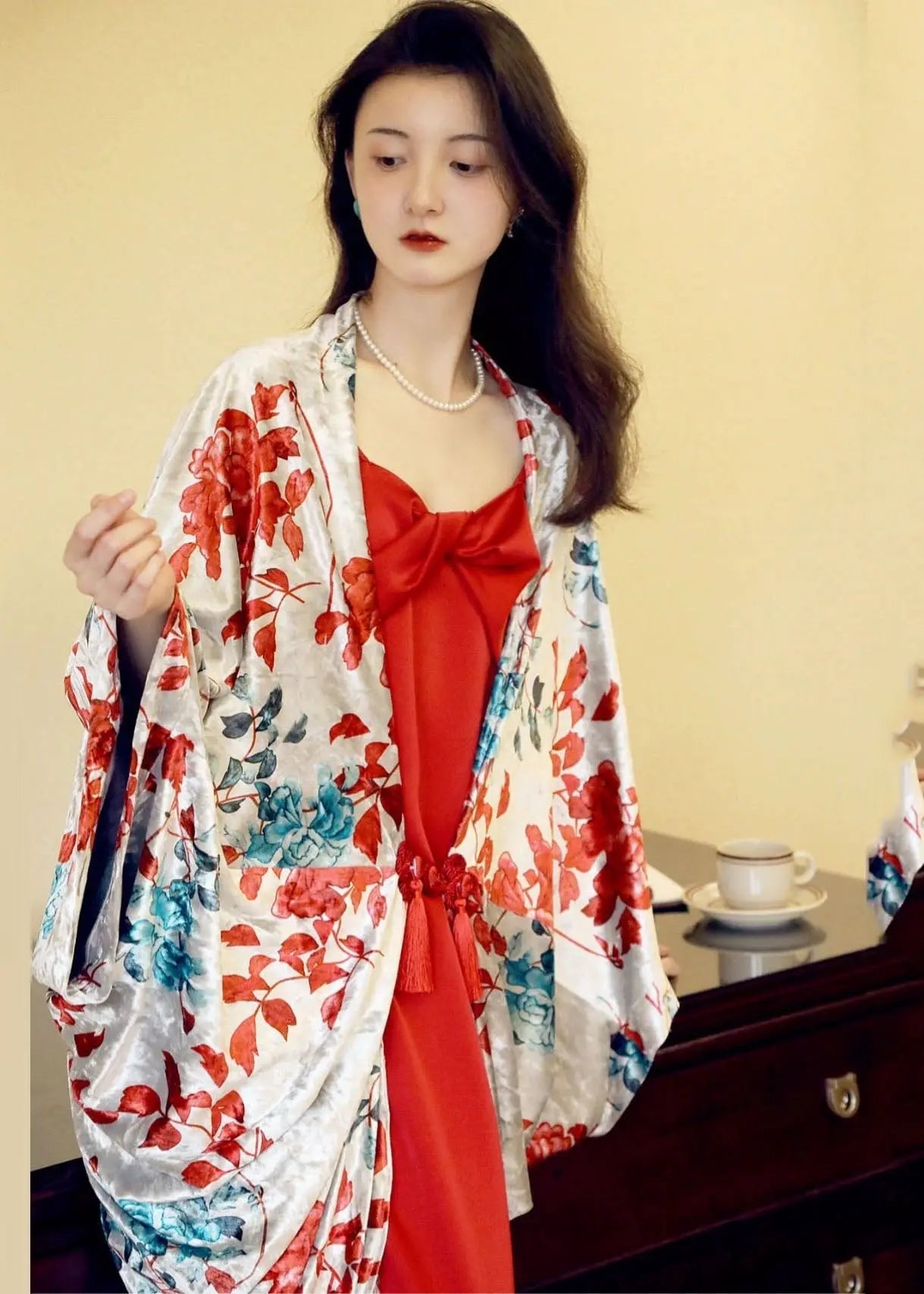 Vintage Red Print Cardigans And Slip Dress Two Pieces Set Fall Ada Fashion