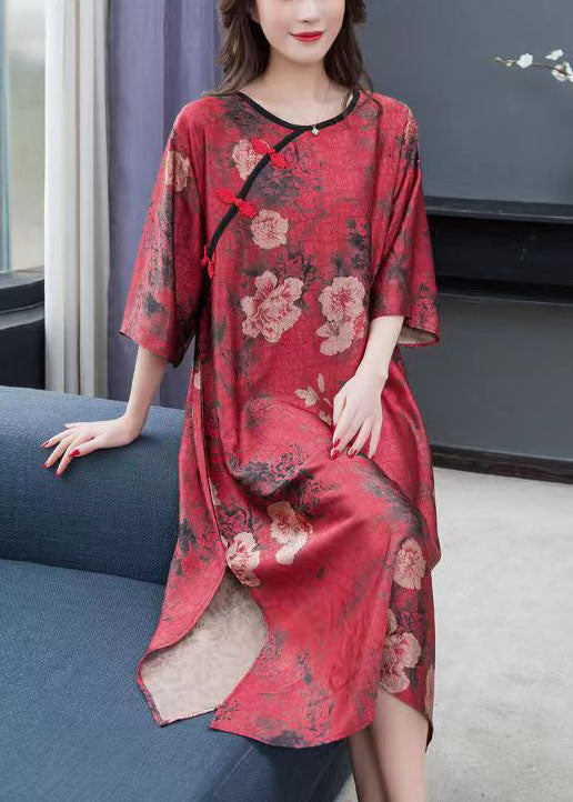 Vintage Red Print Chinese Button Patchwork Chiffon Dresses Summer Ada Fashion