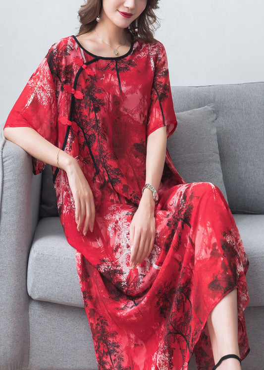 Vintage Red Print Chinese Button Patchwork Chiffon Long Dresses Summer Ada Fashion
